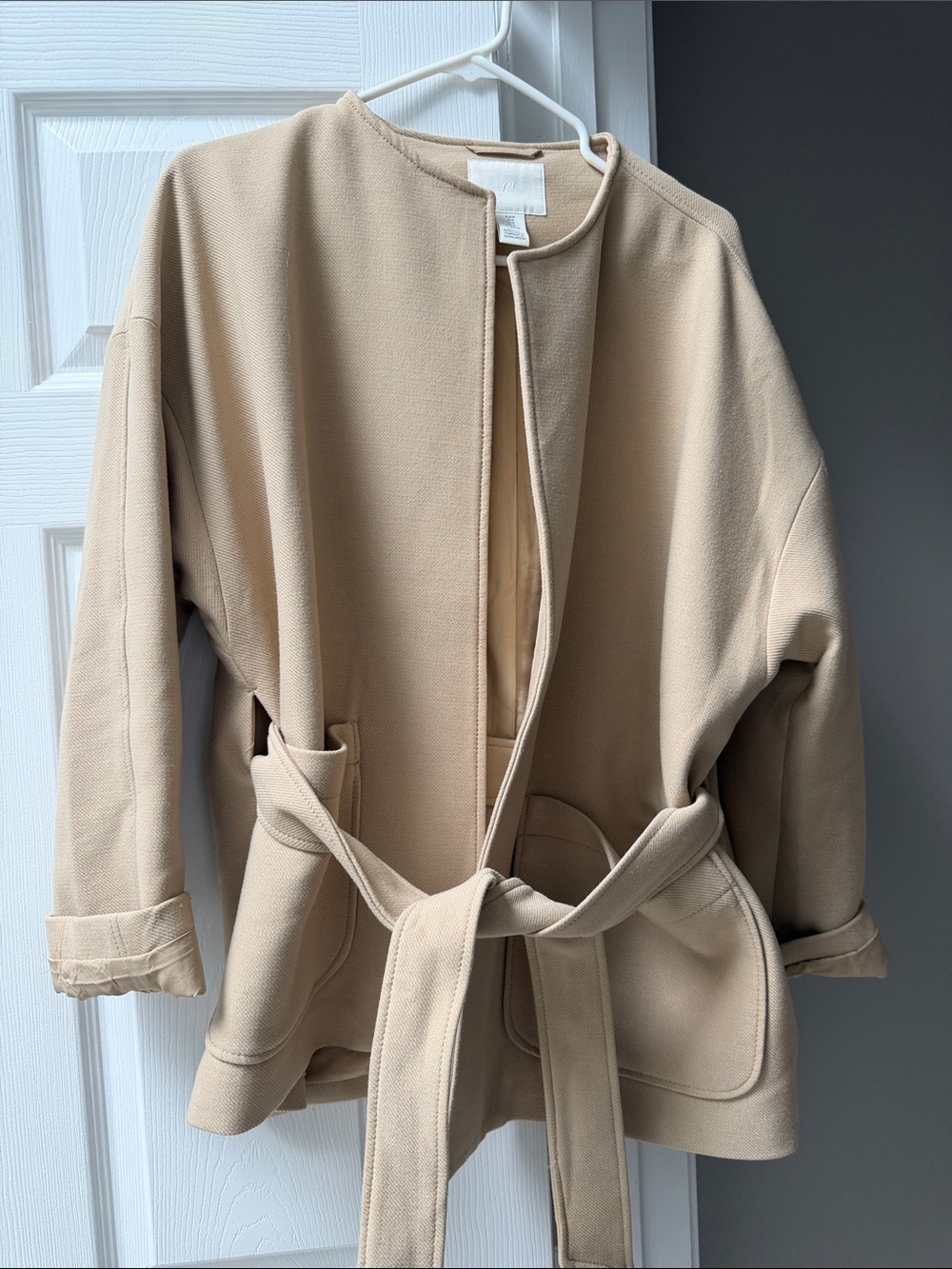 H&M Light Beige Collarless Belted Trench Coat